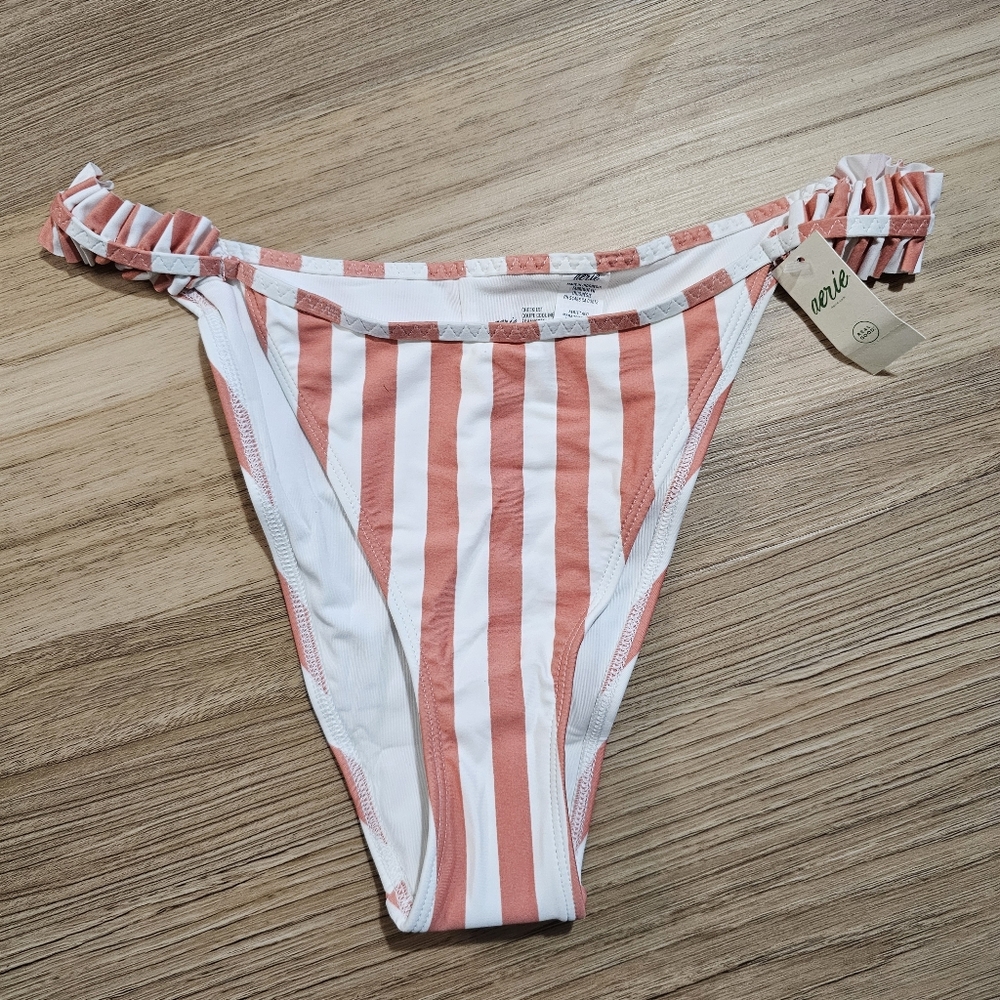 Aerie Printed Ruffle‎ Super High Cut Cheekiest Bikini Bottom Pink White M…